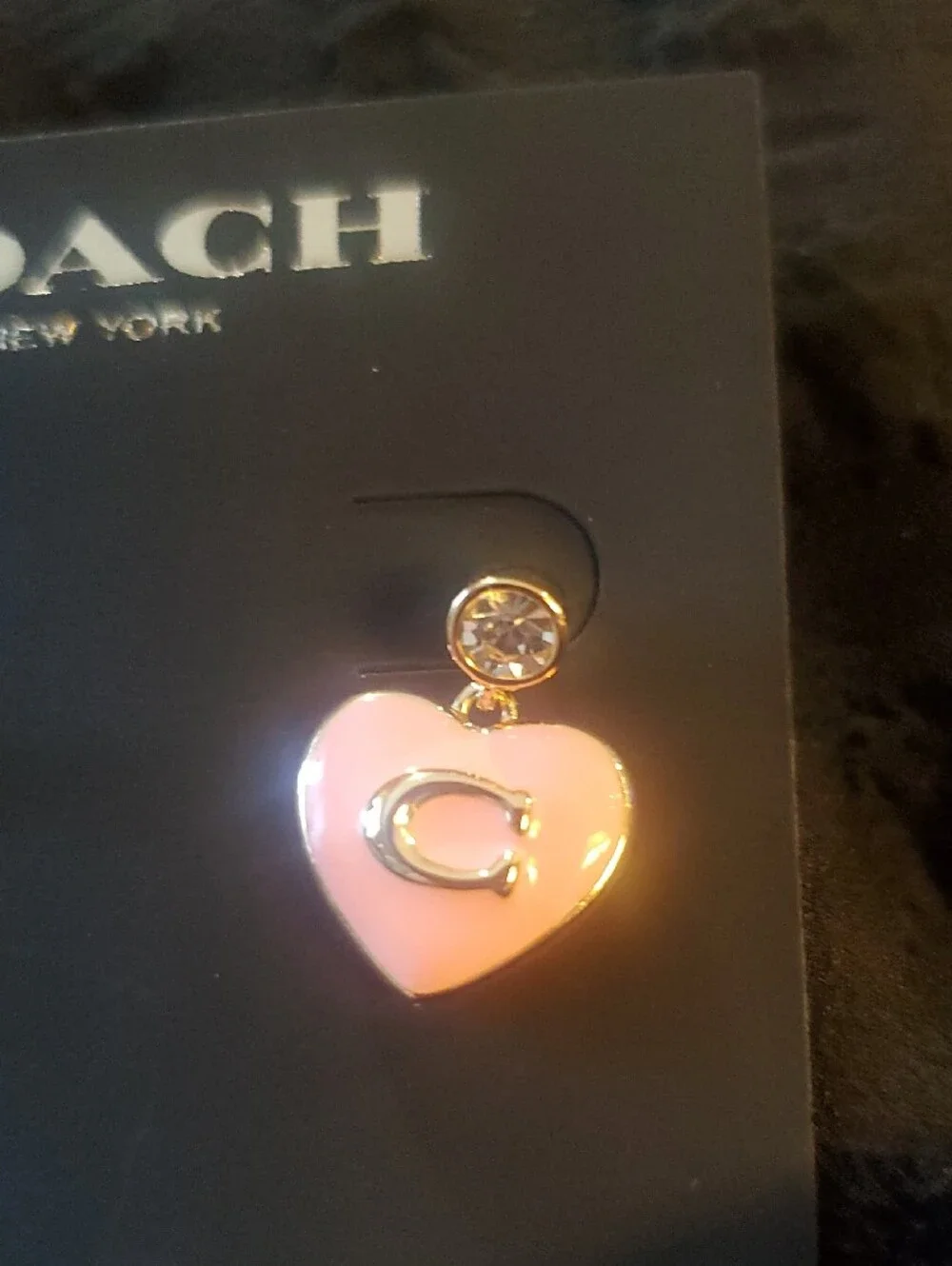 Coach Gold-Tone Pink Heart Drop Earrings with Crystal Studs - Picture 4 of 8